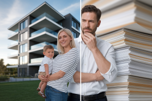 famille-immeuble-moderne-papiers-divisee