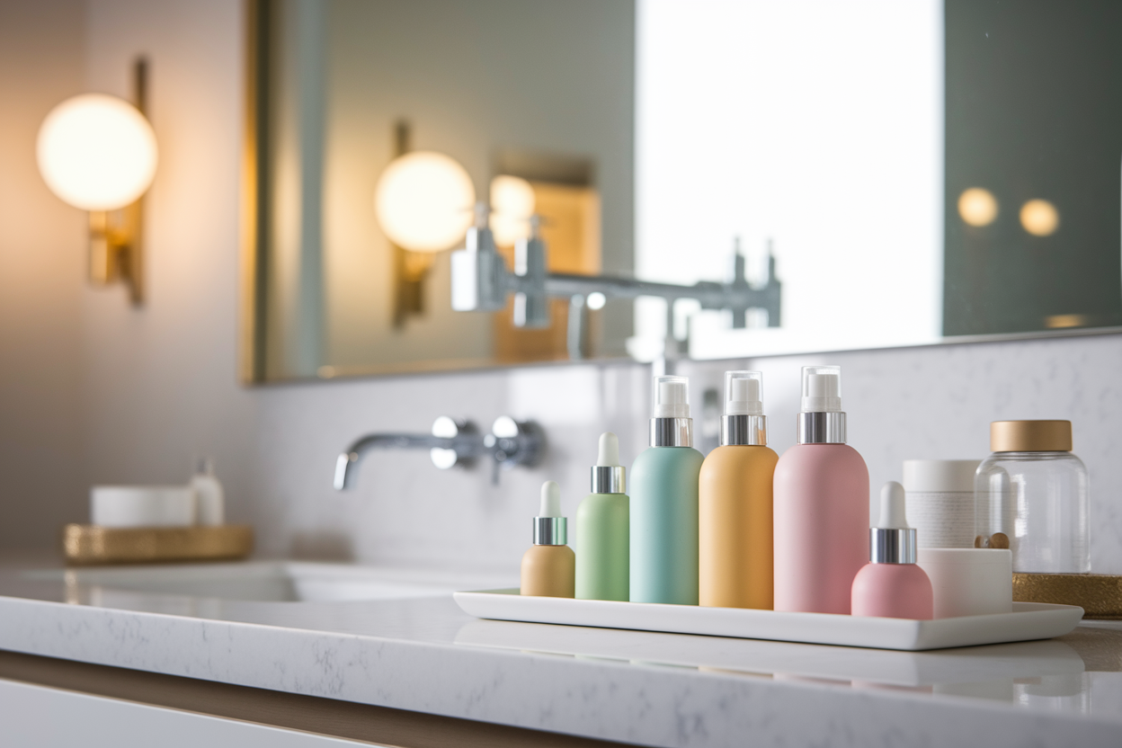 flacons-soins-colores-comptoir-miroir