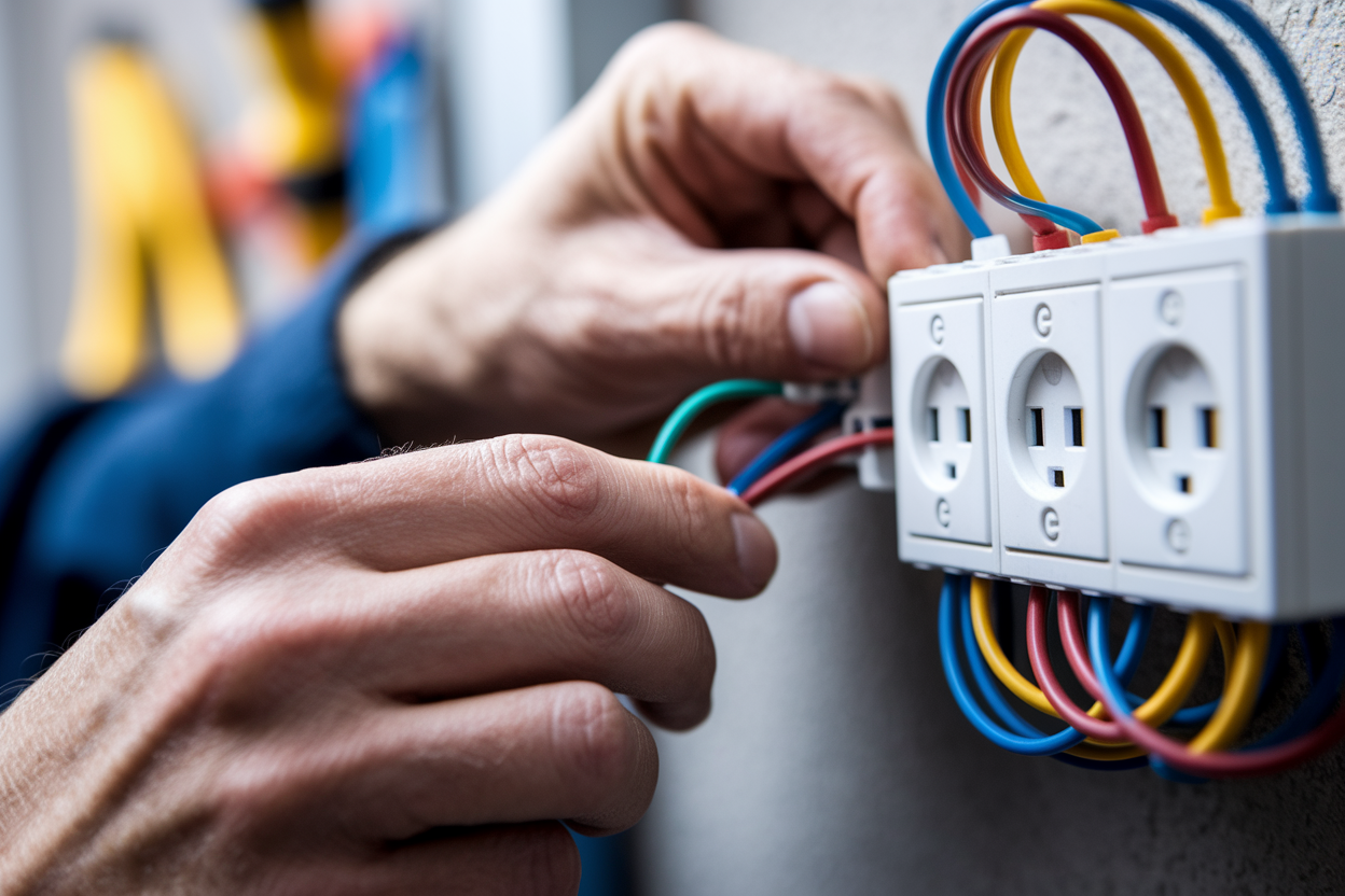 mains-electricien-prise-murale-fils-colores