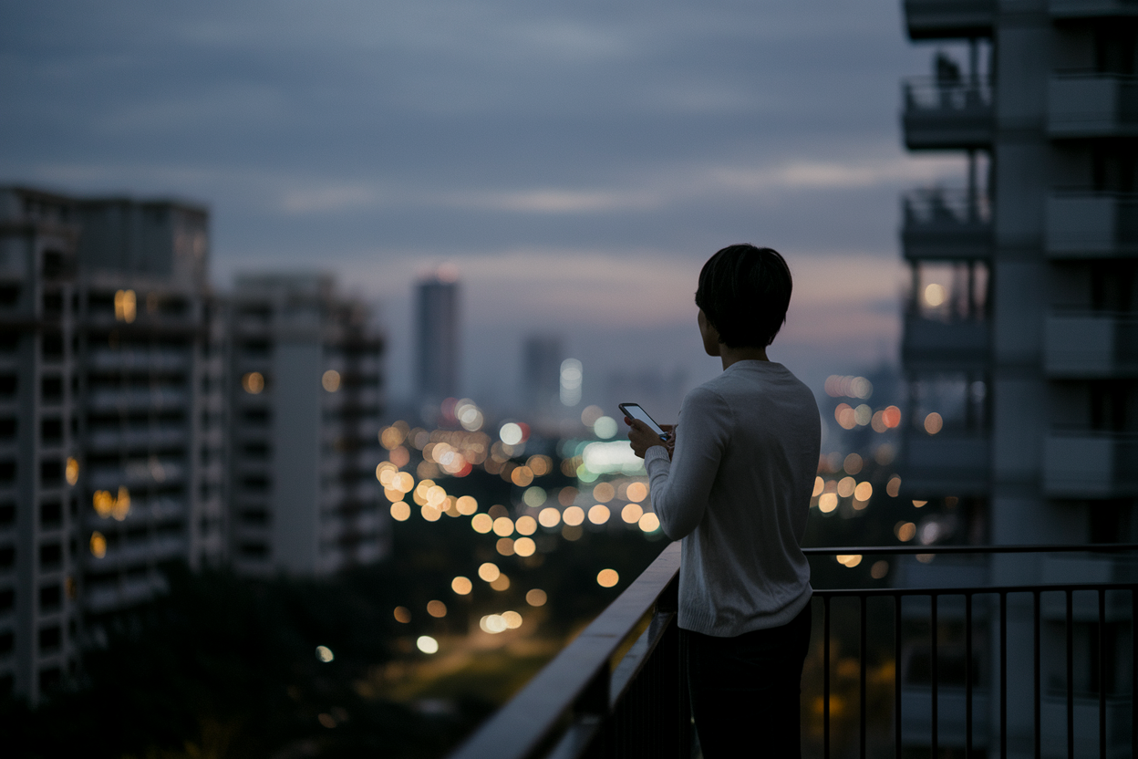 personne-balcon-telephone-ville-nuit