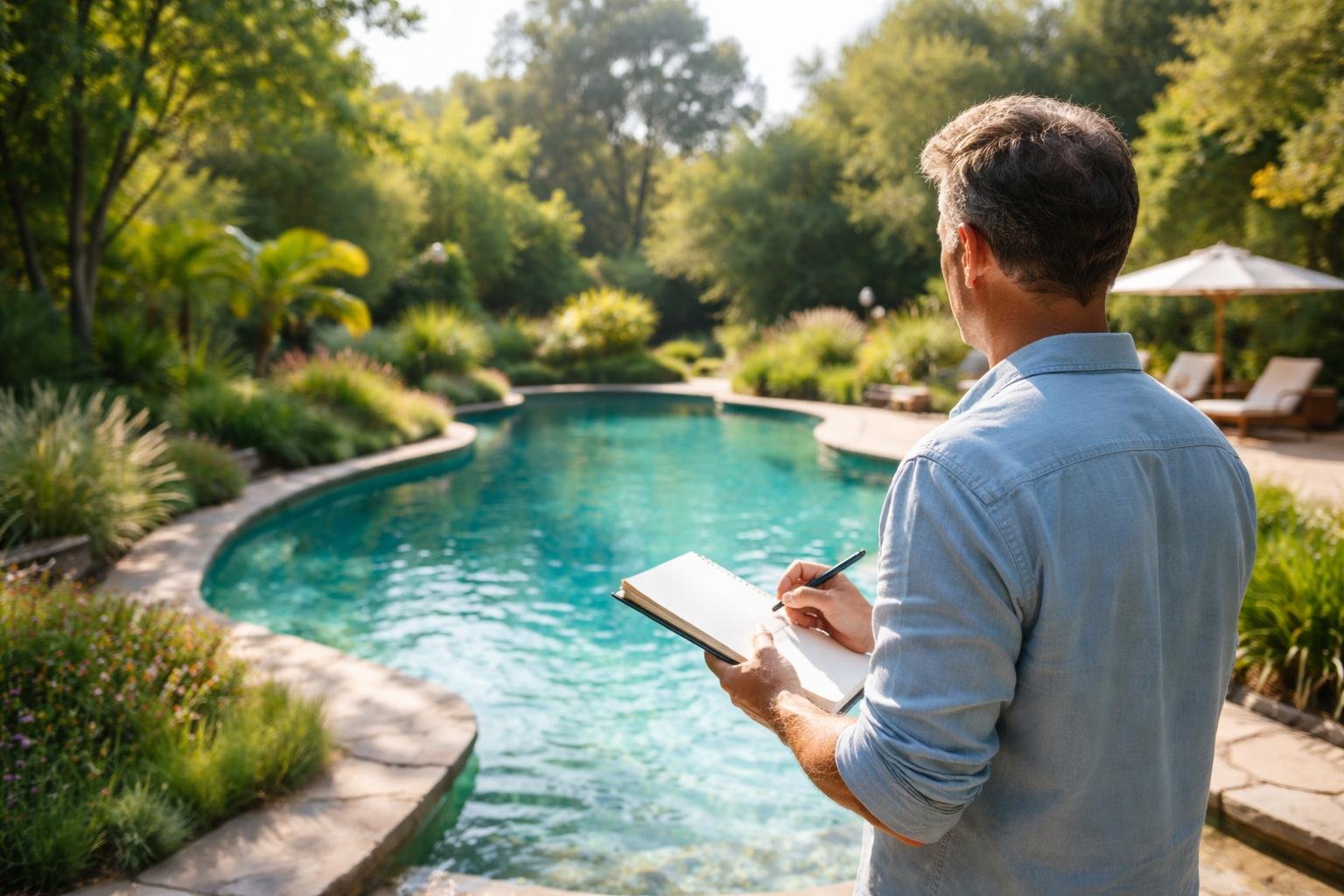homme-piscine-jardin-arbres-ciel