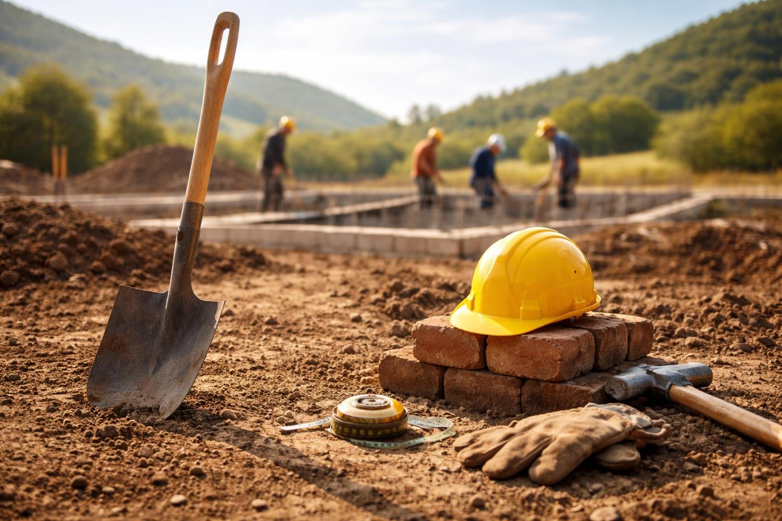 terrain-outils-construction-ouvriers-collines