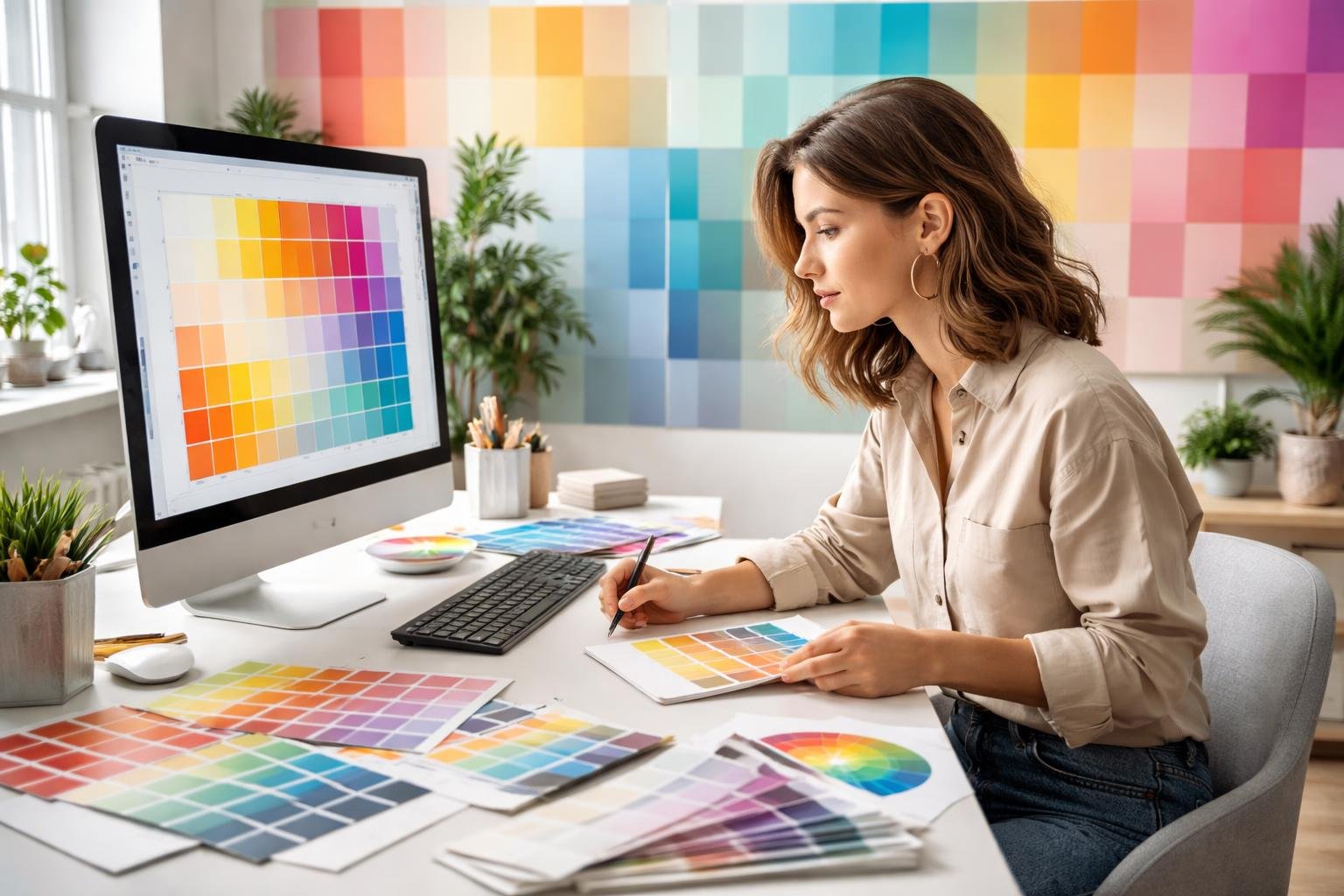 personne-ordinateur-echantillons-couleurs-mur色