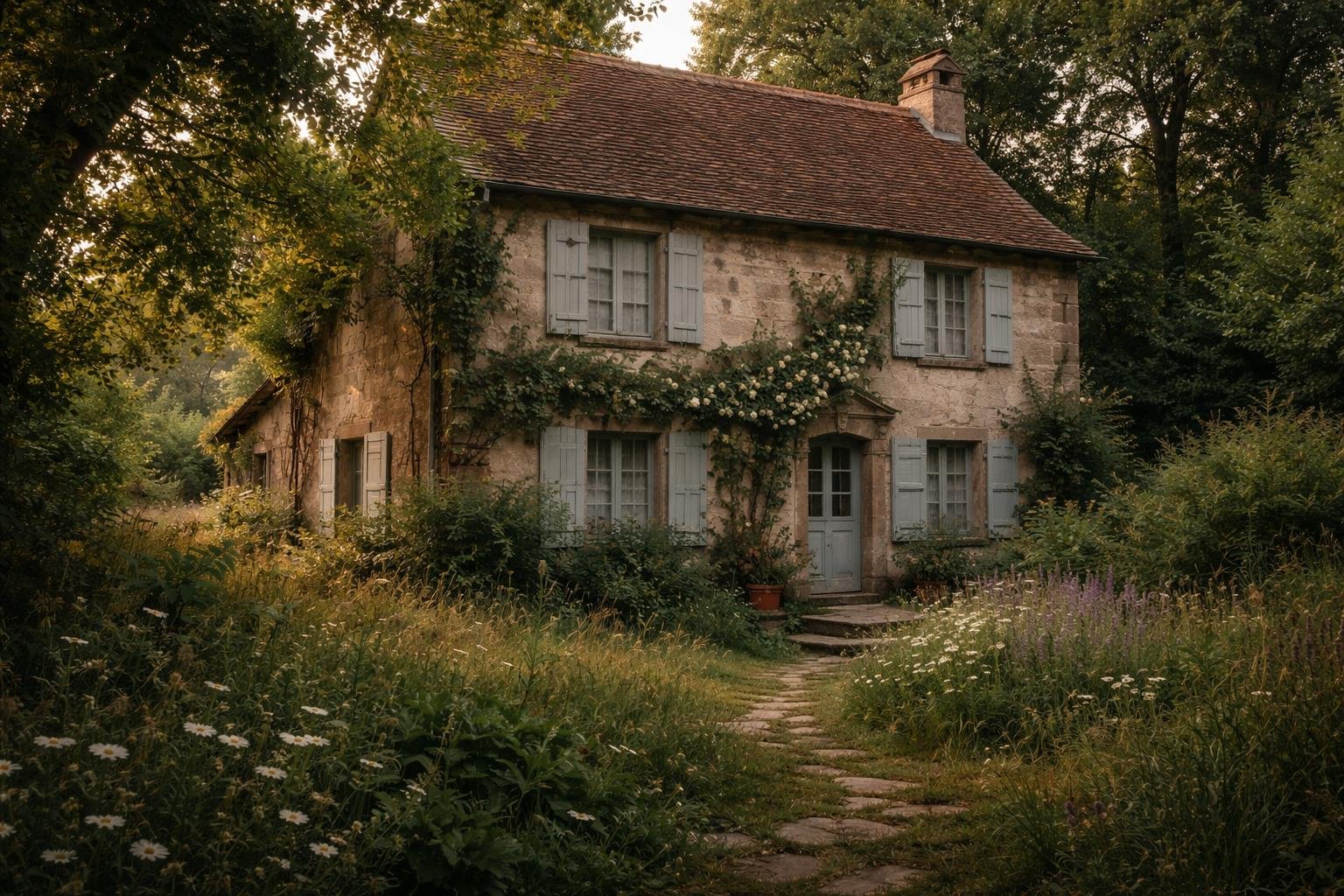 maison-campagne-jardin-sauvage-volets-fermés