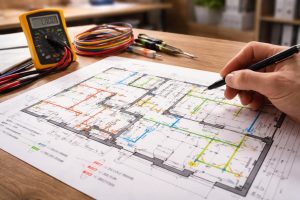 plan-maison-circuits-electriques-outils-bureau