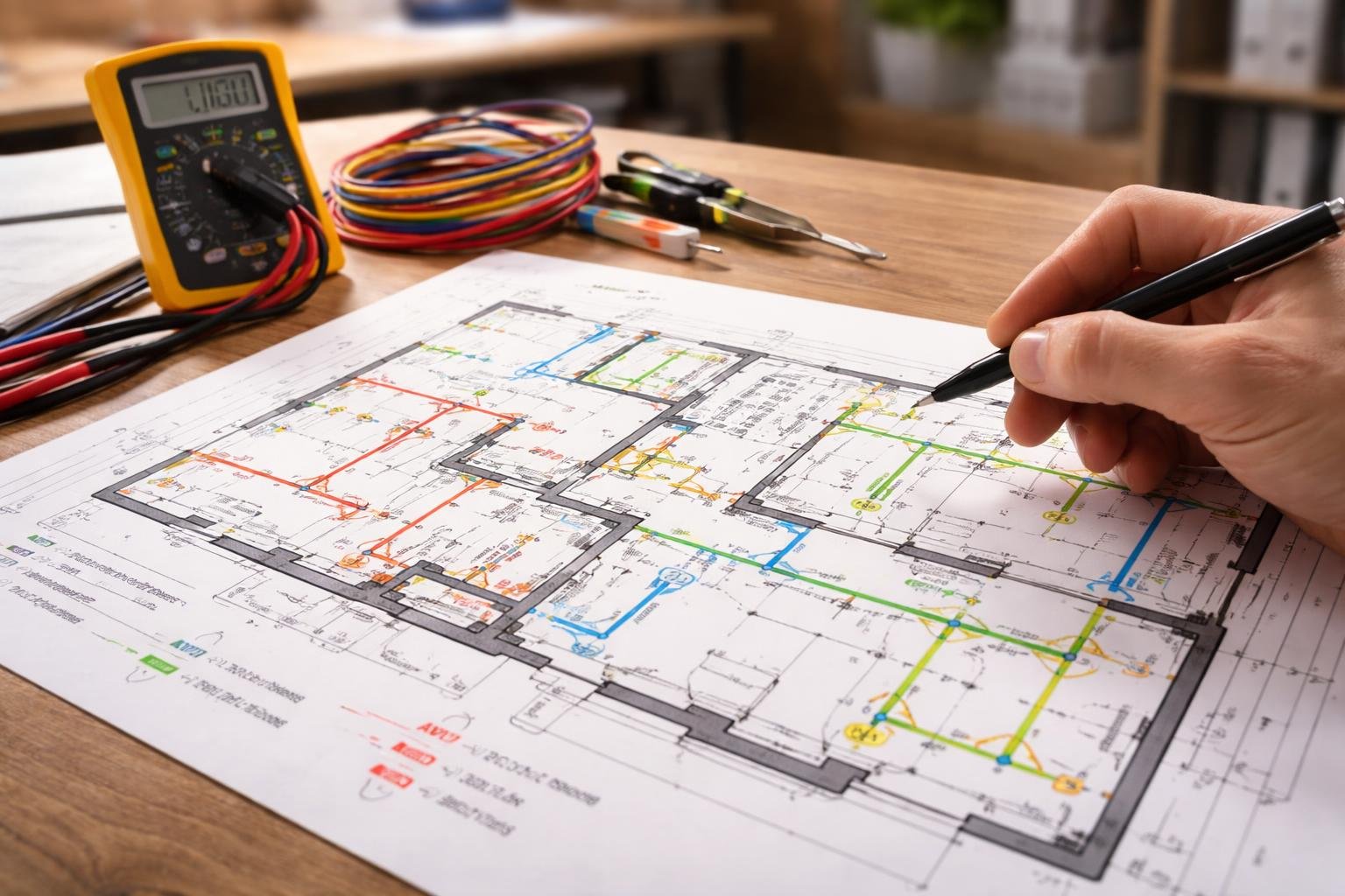 plan-maison-circuits-electriques-outils-bureau