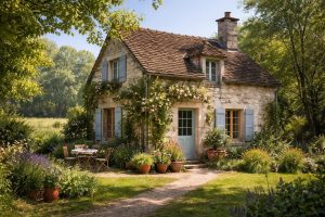 maison-rustique-verdure-ciel-ensoleille