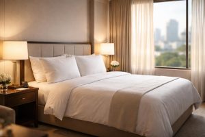 chambre-hotel-lit-draps-blancs-vue-urbaine