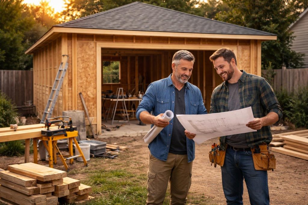 terrain-residentiel-garage-construction-personnes-plans