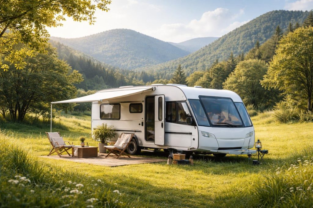 caravane-moderne-terrain-verdoyant-collines