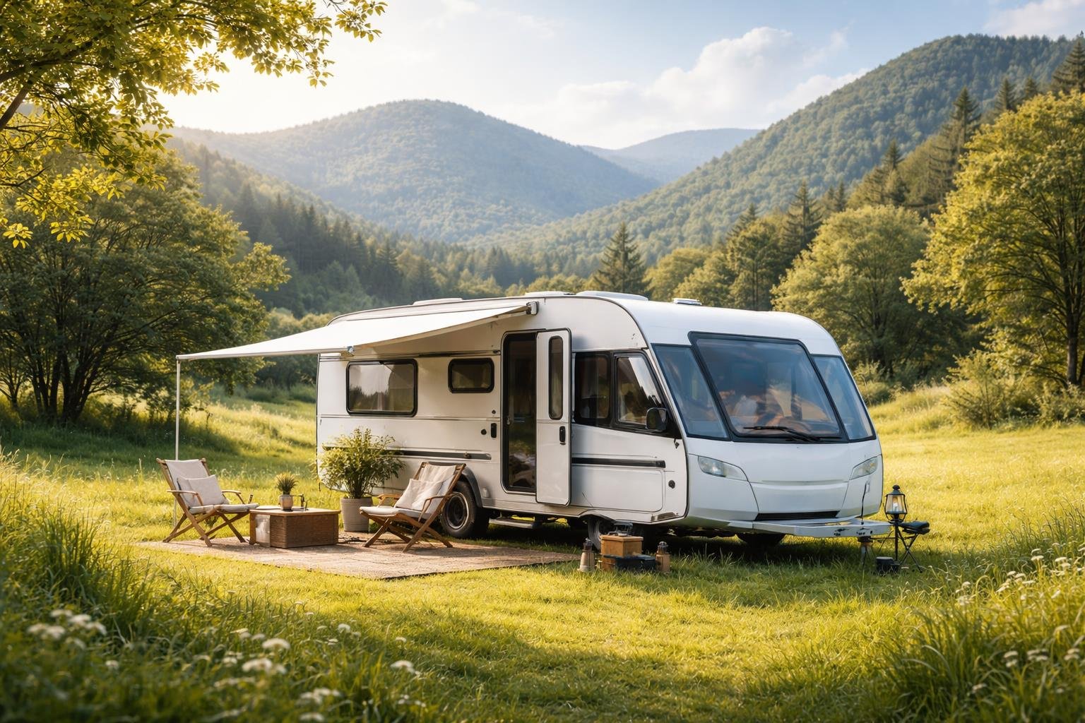 caravane-moderne-terrain-verdoyant-collines