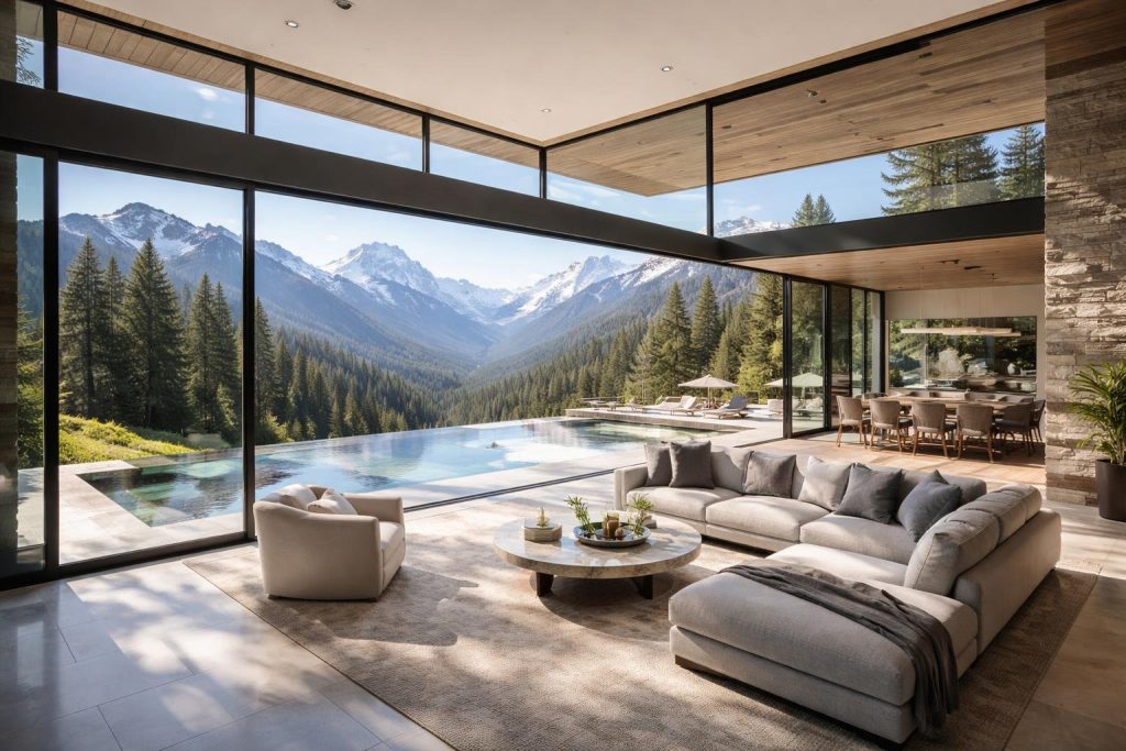 maison-contemporaine-baies-vitrees-montagnes-foret