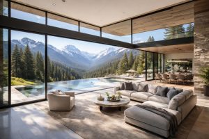 maison-contemporaine-baies-vitrees-montagnes-foret