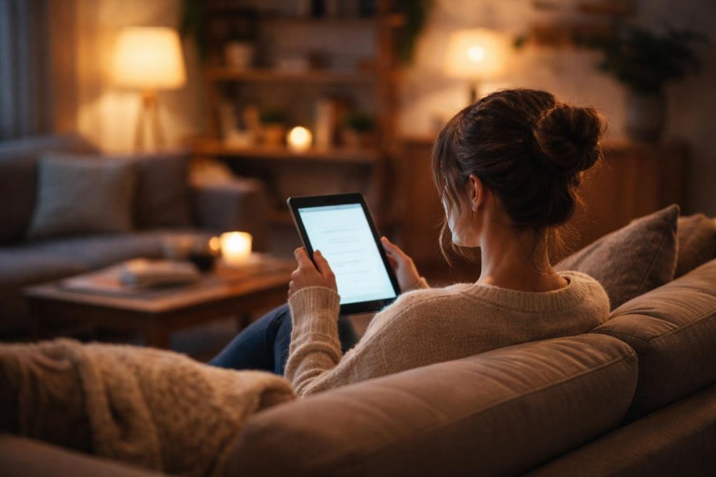 personne-canape-lecture-tablette-salon